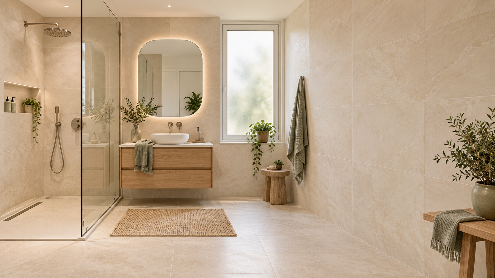 Illustration d’une salle de bain rénovée avec douche et meuble en bois